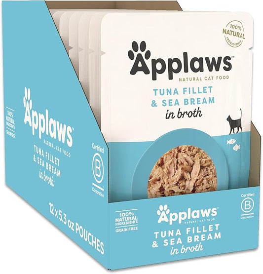 Applaws Natural Wet Cat Food in Broth, Limited Ingredient Wet Cat Food Pouches, No Additives, Made with Natural Ingredients, Tuna Fillet with Seabream in Broth (12 x 5.3oz Pouches)-PawvioPets