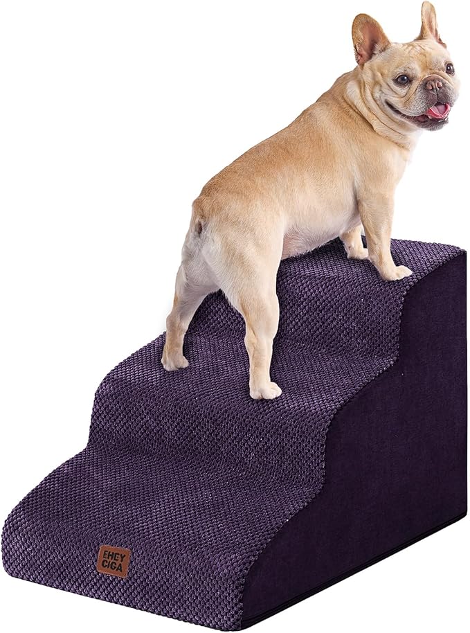 EHEYCIGA Curved Dog Stairs Ramp for Small Dogs 15.7" H, 3-Step Dog Steps for Couch Sofa and Chair, Pet Stairs for Cats, Non-Slip Balanced Pet Steps Indoor, Purple-PawvioPets