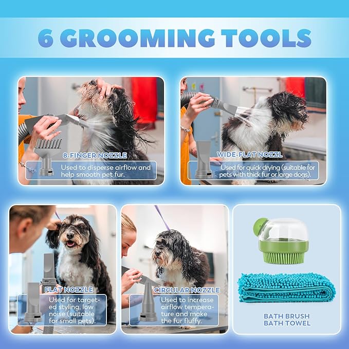 Dog Dryer for Pet Grooming Professional, 6HP/3500W High Velocity Blow Dryer for Dogs, Dual Motor Pet Dryer, Adjustable Temperature 95-125℉ & Airflow 0-90 M/S, 2.5-7.5 FT Hose with 4 Nozzles-PawvioPets