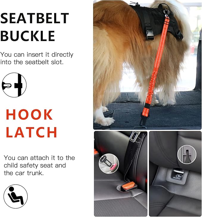 AUBELL Dog Seat Belt for Car,2 Pack Set 3-in-1 Adjustable Reflective Bungee Heavy Duty Dog Car Harness Tether with Clip Hook Latch & Buckle,Swivel Zinc Alloy Carabiner,Black+Orange-PawvioPets
