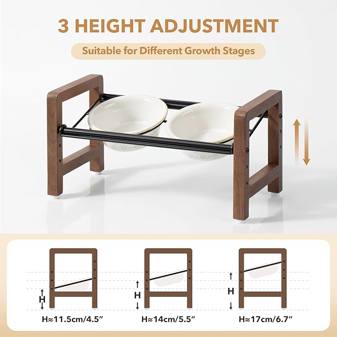 6.3inch Ceramic Adjustable Raised Double Bowls Set with Stand, 3 Heights Elevated, 2 Placement Options,Food and Water Bowls for Adult Cat Small and Medium Dog(Reactived Glaze -White)-PawvioPets