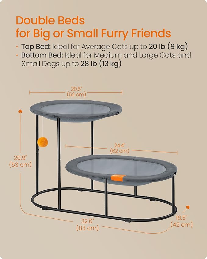 Feandrea 2-Tier Elevated Cat Hammock Bed, Breathable Furniture for Multi-Cat Households Indoor and Outdoor, with Removable Washable Mesh, Steel Frame, for Summer, Dove Gray UPCB012G01-PawvioPets