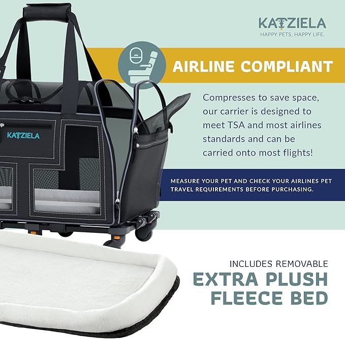 Airline Compliant Pet Carrier - Rolling Portable Travel Carry Crate for Small Dog, Puppy or Cat - Soft Removable Wheeled Design with Mesh Window Sides - Airplane and TSA Compliant- by Katziela-PawvioPets
