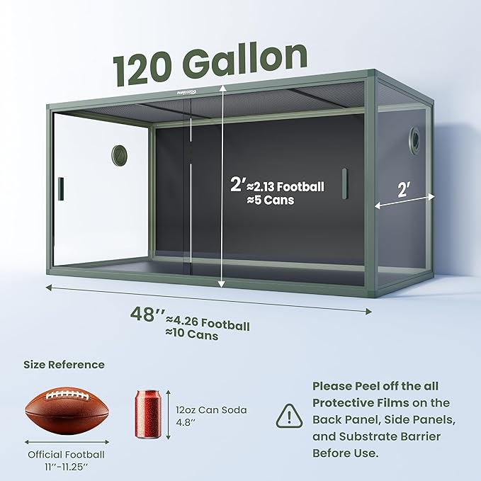 120 Gallon Bearded Dragon Tank,48" x 24" x 24" Reptile Tank with Sliding Door Top Screen Ventilation, Front Opening Reptile Enclosure for Easy Maintenance-PawvioPets