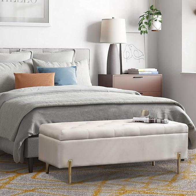 45.6 Inch Velvet Storage Bench Upholstered Tufted Settee Ottoman Bench with Storage, Bed End Bench with Soft Close Lid, for Bedroom, Living Room, Entryway, Rectangular Accent Bench, Beige-PawvioPets