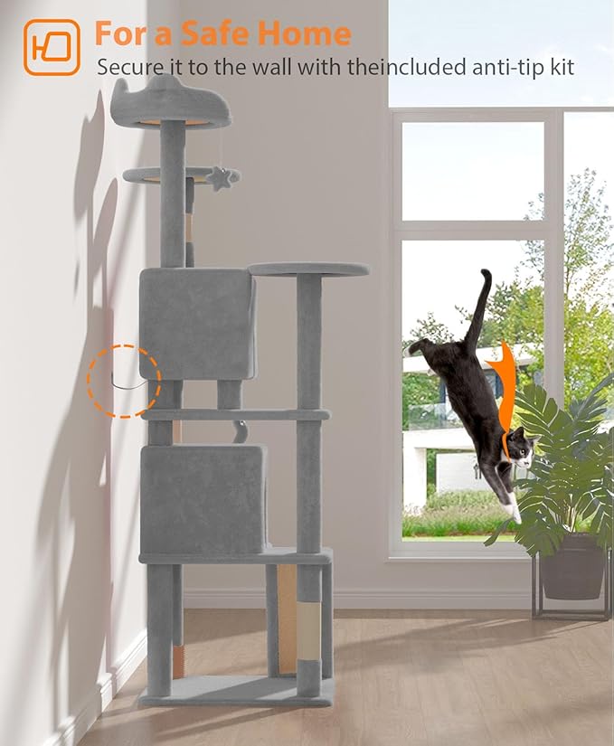 70'' Cat tree Tower for Indoor Cats Large Adult,Cute/Tall Modern Cat Tree for Big Cats 20 lbs,Plush Multi-Level Cat Condo with Scratching Posts,Dangling Ball for fun play(Light Gray, 70 inch)-PawvioPets