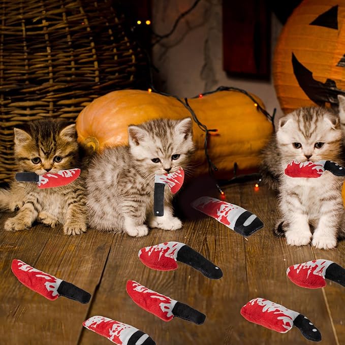 8pcs Catnip Toy, Indoor Knife Shaped Cat Toy Horror Plush Interactive Chew Bite Toys for Halloween Christmas Cat Kitten Indoor Festive Holiday Cat Lover Gift-PawvioPets