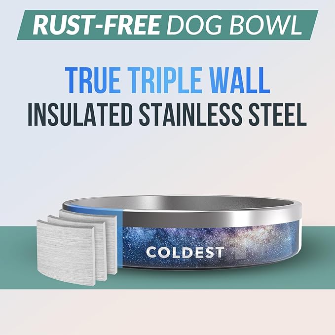 Coldest Dog Bowl - Anti Rust Metal, Non Slip, 3 Layers Insulated Stainless Steel Dog Bowls - Spill Proof & Heavy Duty - Water Bowl for Dogs, Cats & Pets, Dish Washer Safe (21 oz, Into The Beyond)-PawvioPets