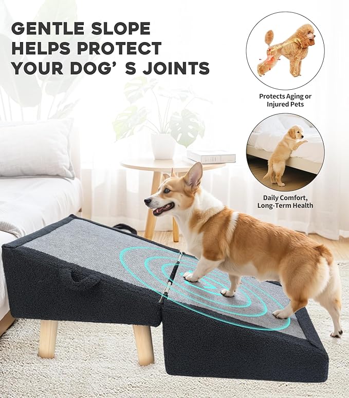 Dog Stairs for Small Dogs and Cats – 2-in-1 Dog Ramp for Bed and Couch, 16.5'' Foldable Wooden Pet Steps, Sturdy Multi-Use Split Ottoman Design, Dark Blue-PawvioPets