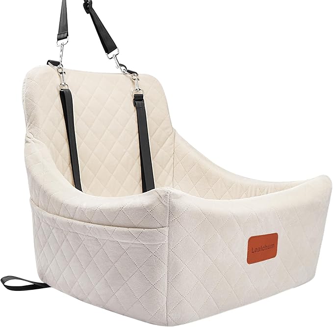 Dog Car Seat for Medium Dogs,Easy to Install with Adjustable Straps,Anti-Slip Bottom,Fully Detachable and Washable,Soft Fabric Fill in Memory Foam,Two Side Pockets(Beige,Medium)-PawvioPets