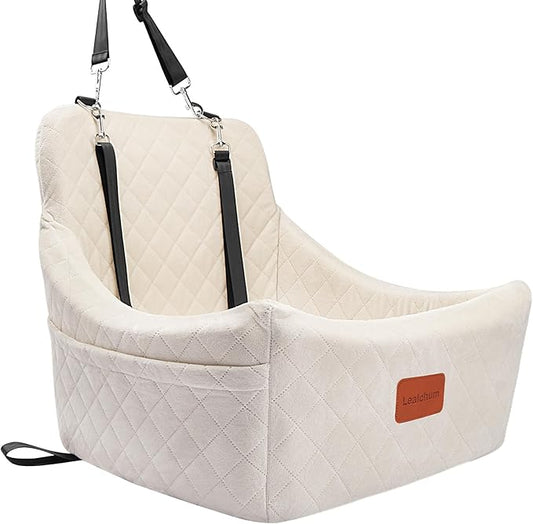 Dog Car Seat for Medium Dogs,Easy to Install with Adjustable Straps,Anti-Slip Bottom,Fully Detachable and Washable,Soft Fabric Fill in Memory Foam,Two Side Pockets(Beige,Medium)-PawvioPets