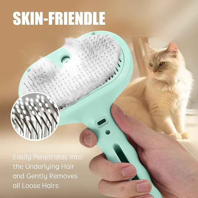 3-in-1 Pet Steam Brush, Grooming Comb with Water Tank for Cats and Dogs, Long and Short Hair (Green)-PawvioPets