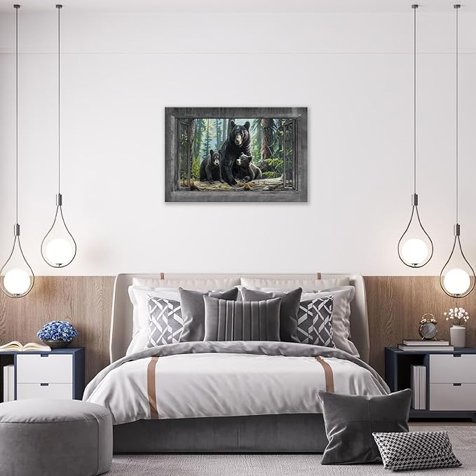 Black Bear Wall Art Forest Window Canvas Cabin Living Room Pictures Prints Animal Wall Decor Painting Artwork for Bedroom Dining Office Home 24"x16"-PawvioPets