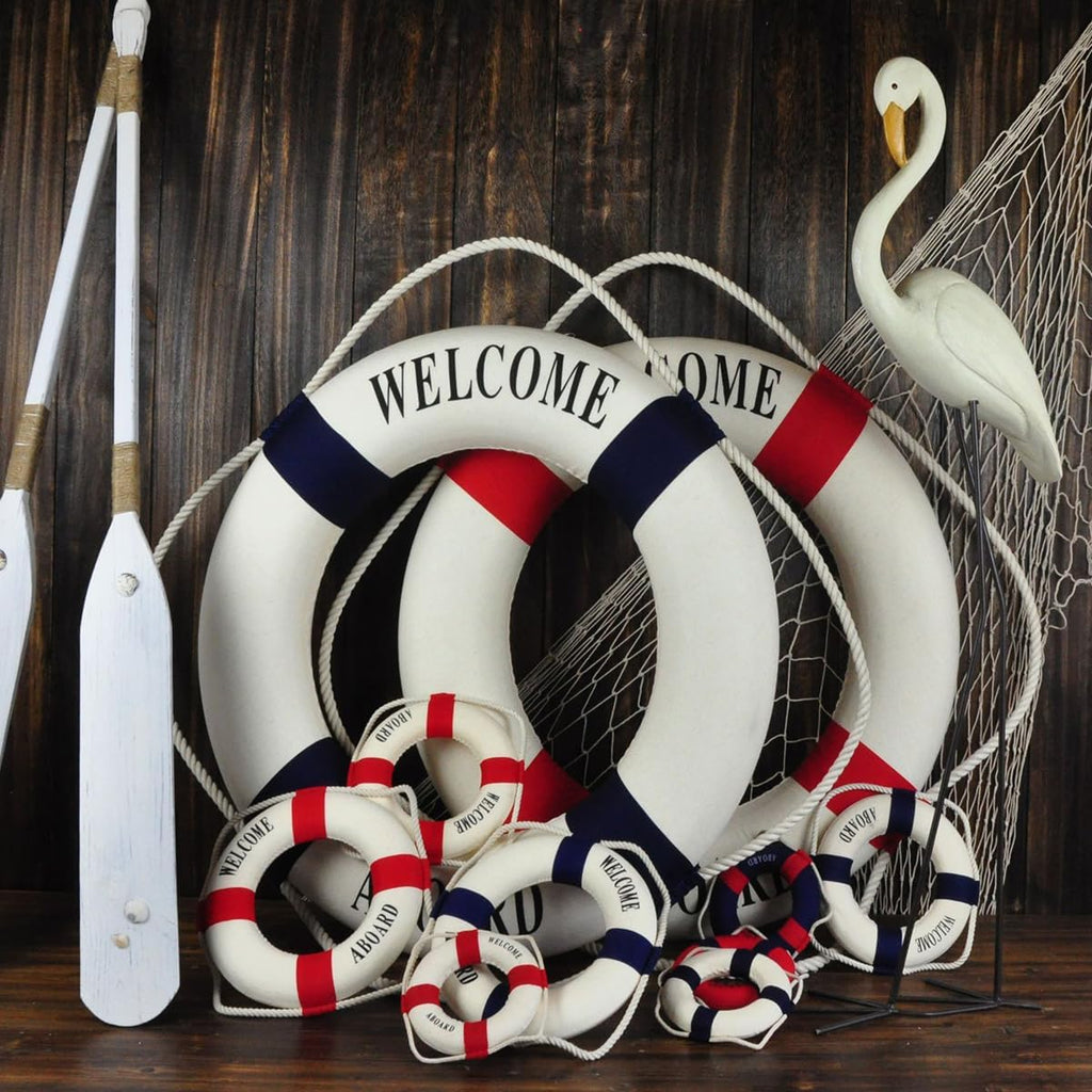 MorroMorn Lifebuoy Wall Hanging Decor - Welcome Aboard Mediterranean Style Home Decoration (Red, 8")