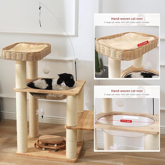 34 Inch Solid Wood Cat Tree Tower with Space Capsule, Hand-Woven Basket Nest, Feather Toy, Hanging Balls, Sisal Posts, 4-Tier Indoor Climbing Cat Tower for Kittens-PawvioPets