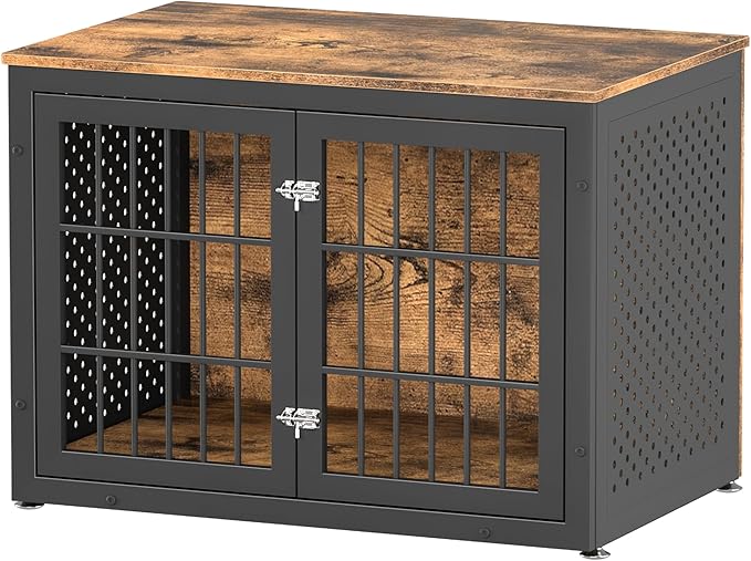 38" Heavy Duty Dog Crate Furniture for Large and Medium Dogs,Wooden Metal Kennel for High Anxiety Dogs, Chew Proof Pet Cage Indoor, Decorative Dog Kennel End Table-PawvioPets