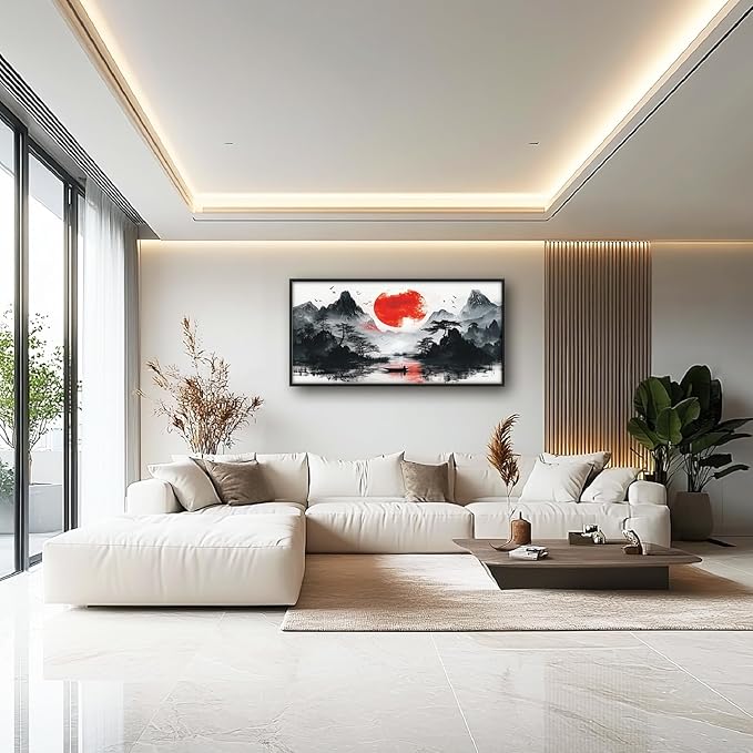 Framed Large Japanese Mountain Wall Art for Living Room, Oversized Asian Red Sun Lake Landscape Wall Decor Nature Canvas Painting Home Decoration for Living Room Bedroom Office 60"x30"-PawvioPets