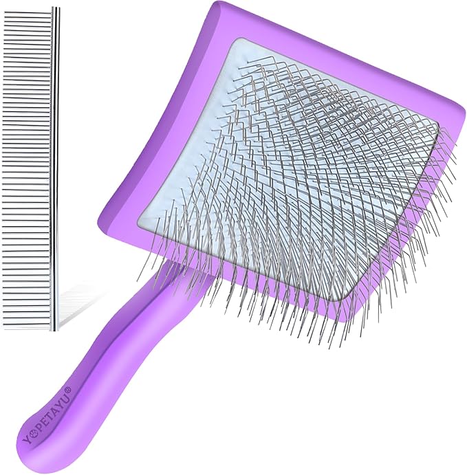 Dog Slicker Brush for Shedding and Grooming Medium or Long Haired Cats, Extra Long & Soft Pin Slicker Brush for Removes Loose Hair, Tangles, Knots, Undercoat, Free Pet Comb, Large Purple-PawvioPets
