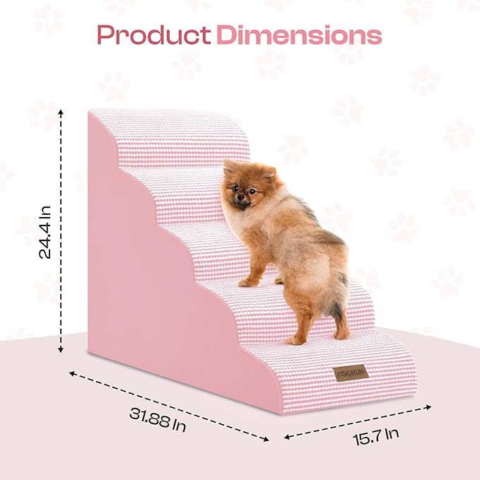 Curved Dog Stairs for High Bed Up to 26", 5-Step Dog Ramp for Small Dogs with Washable Cover, Non-Slip Steps for Cats to Get on Couch and Sofa, Durable Foam Ladder for Medium Breeds, White Pink-PawvioPets