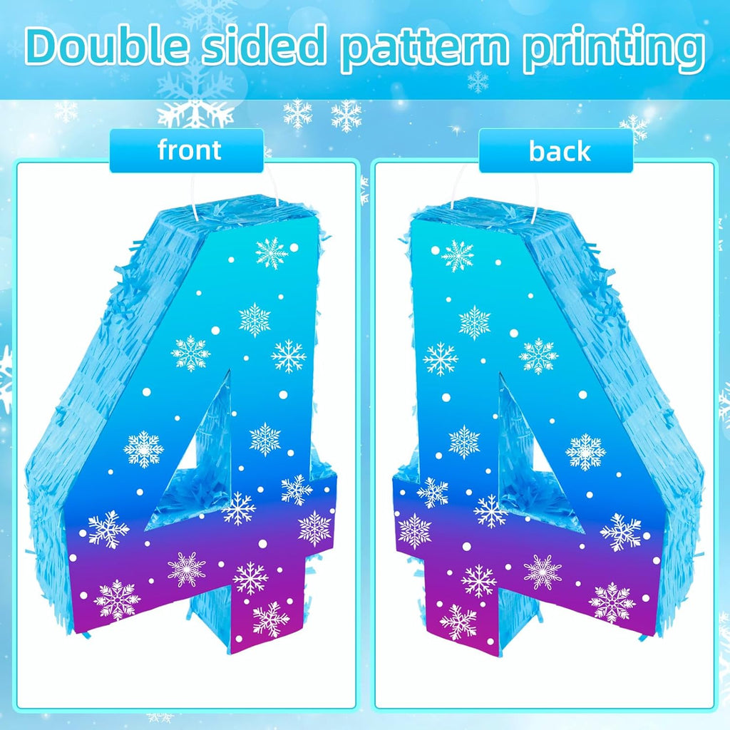 Snowflake Birthday Decorations, Winter Ice Snowflake Number 3 Pinata with Stick Blindfold and Confetti Snowflake Piñata 3rd Birthday Party Decoration & Supplies (Snowflake 4)