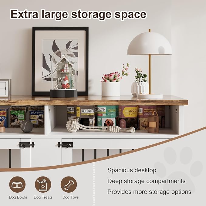 Dog Crate Furniture for 2 Dogs, 55 Inch Dog Crate Indoor with Removable Divider and Shelf Storage, Wooden Dog Crates for Medium/Large Dogs, White-PawvioPets