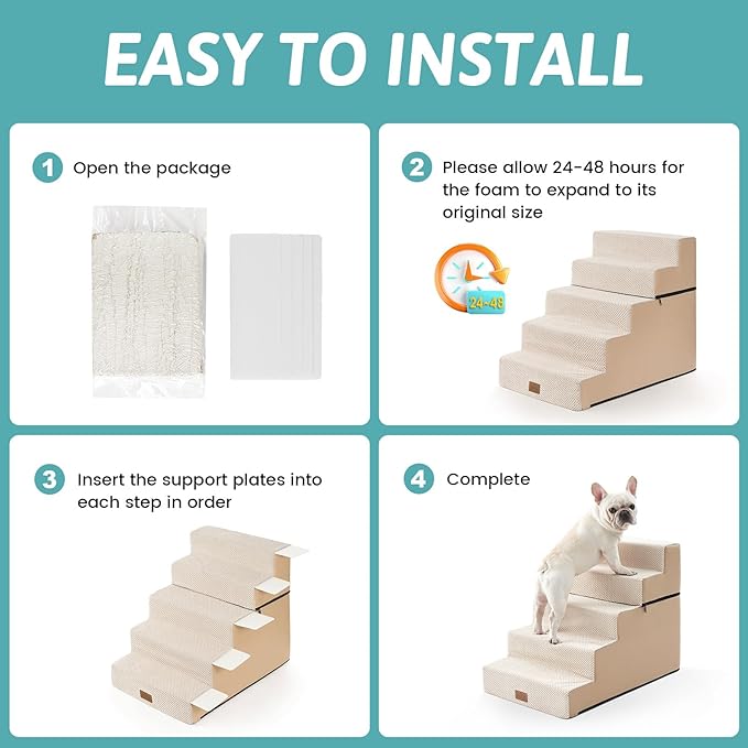 Dog Stairs for Small Dogs, 5 Tier Removable Wider Pet Stairs for Couch and Bed, 23.6" H Non-Slip Dog Steps for Puppies and Old Cats with Support Board, 29.5x19.7x23.6 inch, Beige-PawvioPets