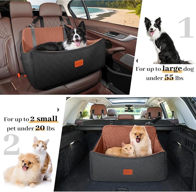 Dog Car Seat for Medium & Large Dogs Up to 55lbs, Memory Foam Cushion, Washable Cover, Safety Straps & Non-Slip Bottom(Black/Brown,Large)-PawvioPets