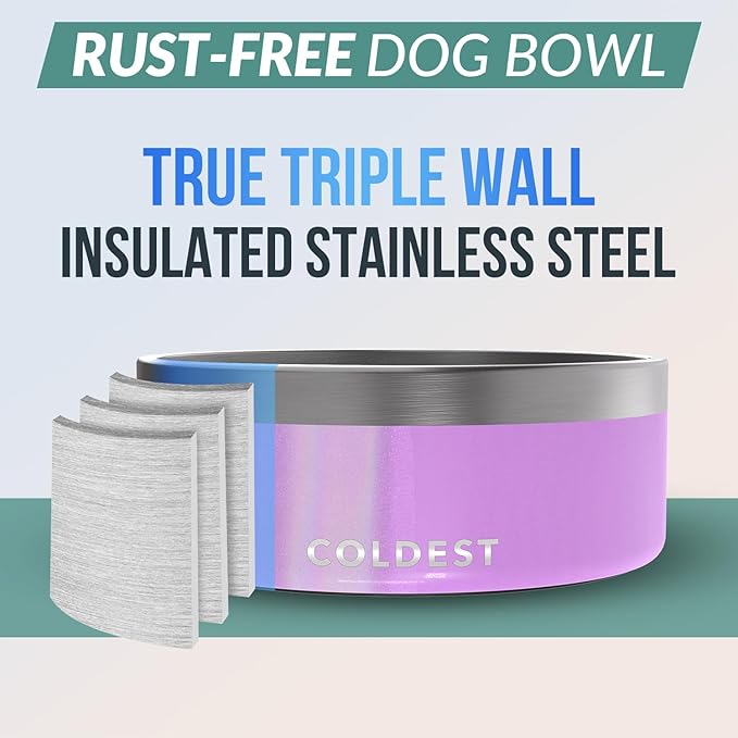 Coldest Dog Bowl - Anti Rust Metal, Non Slip, 3 Layers Insulated Stainless Steel Dog Bowls - Spill Proof & Heavy Duty - Water Bowl for Dogs, Cats, Dish Washer Safe (64 oz, Saturns Purple Glitter)-PawvioPets