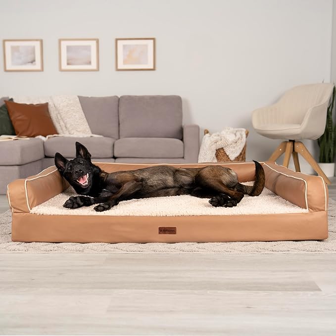 FurHaven Orthopedic Dog Sofa Bed – Memory Foam Couch with Bolsters, Textured Plush & Water-Resistant Cover, Washable Cover, Joint Support - Camel, Jumbo Plus-PawvioPets