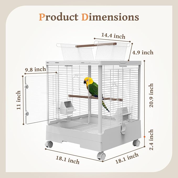 Clear View Bird Cage with Play Top, Modern Rolling Flight Cage for Parakeets, Cockatiels, Conures, Lovebirds, White Parrot Cage with 0.4" Bar Spacing, Slide-Out Tray & Accessories-PawvioPets