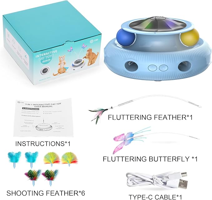 Automatic Interactive Cat Toys for Indoor Cats & Bored Adults - Kitten Toys with Fluttering Butterfly, Ambush Feather & Track Balls - Exercise & Stimulation for Playful Cats (Sky Blue)-PawvioPets