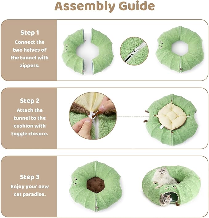 EHEYCIGA Cat Tunnel Bed for Indoor Cats, Cute Cat Donut Toy Tunnel for Small Large Cats with Washable Circle Cushion, Peekaboo Pet Cave Play Tunnel for Kitten, Puppy, Rabbit-PawvioPets