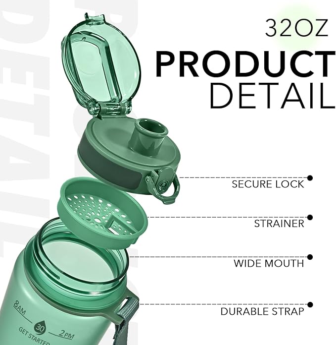 32oz Motivational Water Bottles with Time Marker & Fruit Strainer, Transparent Gradient Color Water Bottle with Times to Drink, Leakproof & BPA Free, Reusable Bottle with Strap (No Straw)-PawvioPets