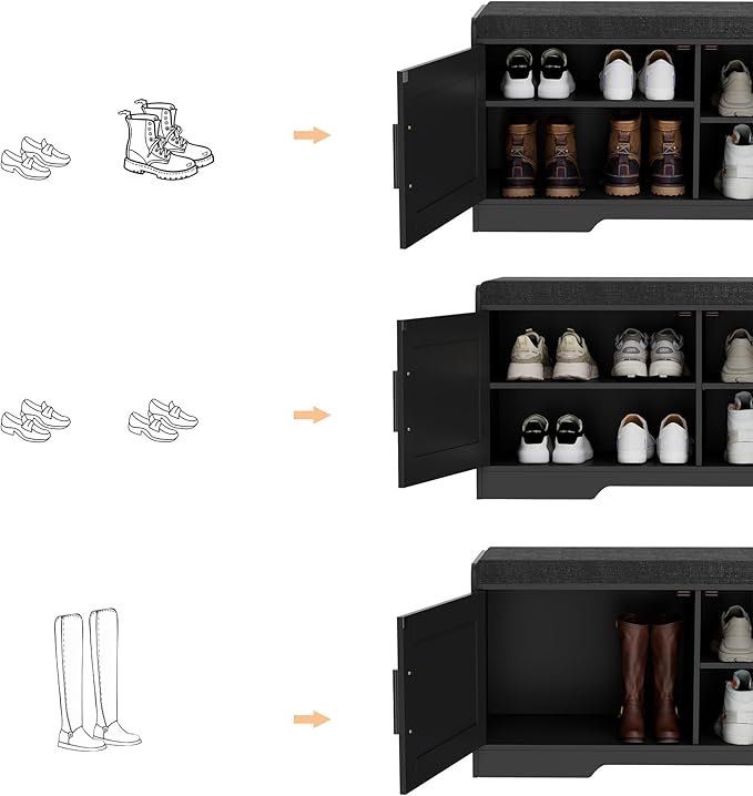 2-Tier Storage Bench, Shoe Bench with Thickened Padded Seat Cushion, Entryway Bench with 2 Doors, Adjustable Shelf, 13.8" D x 37.4" W x 18.5" H, for Entryway, Living Room, Bedroom, Black-PawvioPets