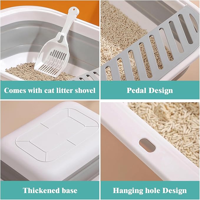 Cat Litter Box for Travel, 18"×14" Grey Small Litter Box for Open Foldable Waterproof Litter Pan,Kitty Litter Box Easy to Clean and Assemble, Portable Litter Box with Scoop-PawvioPets