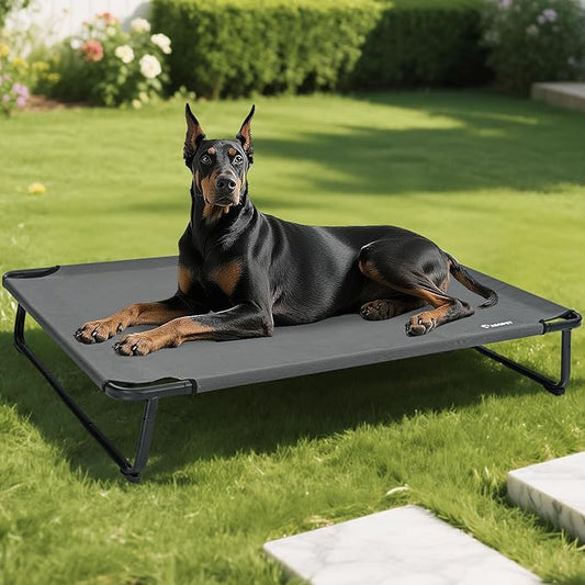Elevated Dog Bed, Outdoor Dog Bed Raised Bed Cooling Waterproof Pet Beds Cots Stable and Easy Assembly, Teslin Fabric with 1.2mm Thick Iron Frame, Breathable, Ultra-Sturdy，Grey, 48 * 32 * 8.7-PawvioPets