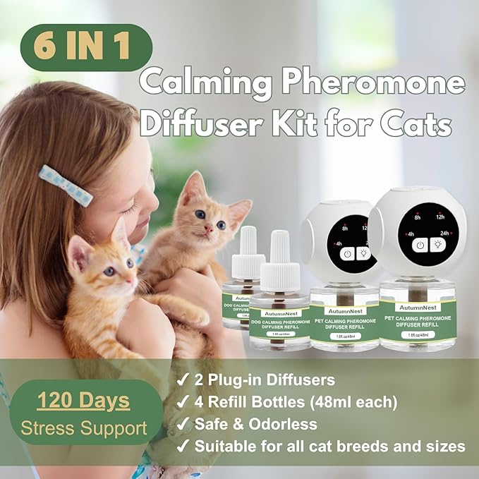 Cat Calming Pheromones Diffuser Kit with Timer – 2 Plug-Ins + 4 Refills (48ml) – 4-Level Timing – Stress Relief for Cats – Helps with Hiding, Scratching, Urine Marking, Travel, Vet Visits-PawvioPets