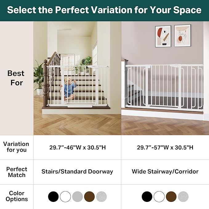 Cumbor 29.7-46" Baby Gate for Stairs, Toddler Safety Essentials for The House, Auto Close Dog Gate for Doorways, Mom's Choice Awards Winner-Easy Install Pressure Mounted Pet Gates for Dogs, White-PawvioPets