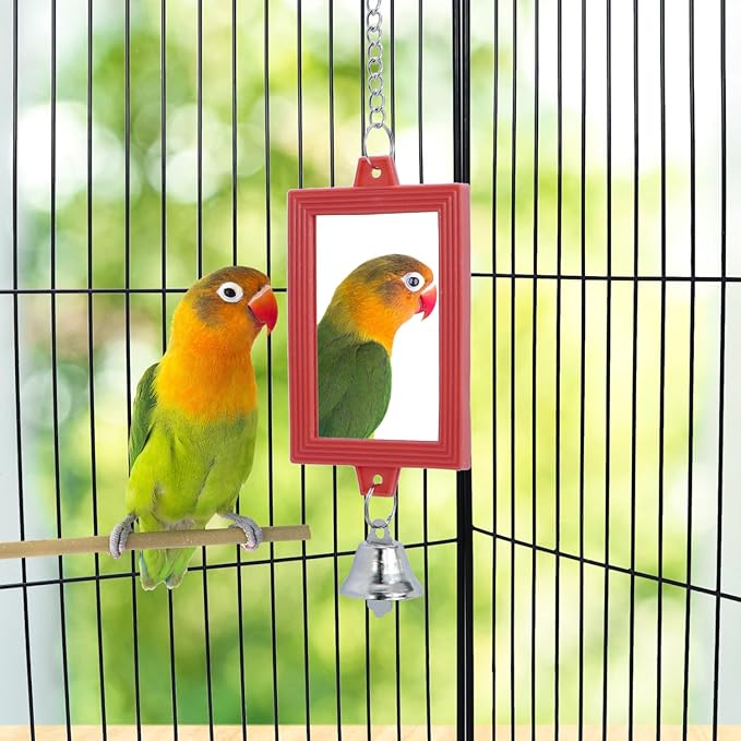 4 PCS Bird Mirror with Bell Parrot Hanging Interactive Playing Toy for Cockatiel Parakeets Canaries Budgie Cage Accessories-PawvioPets