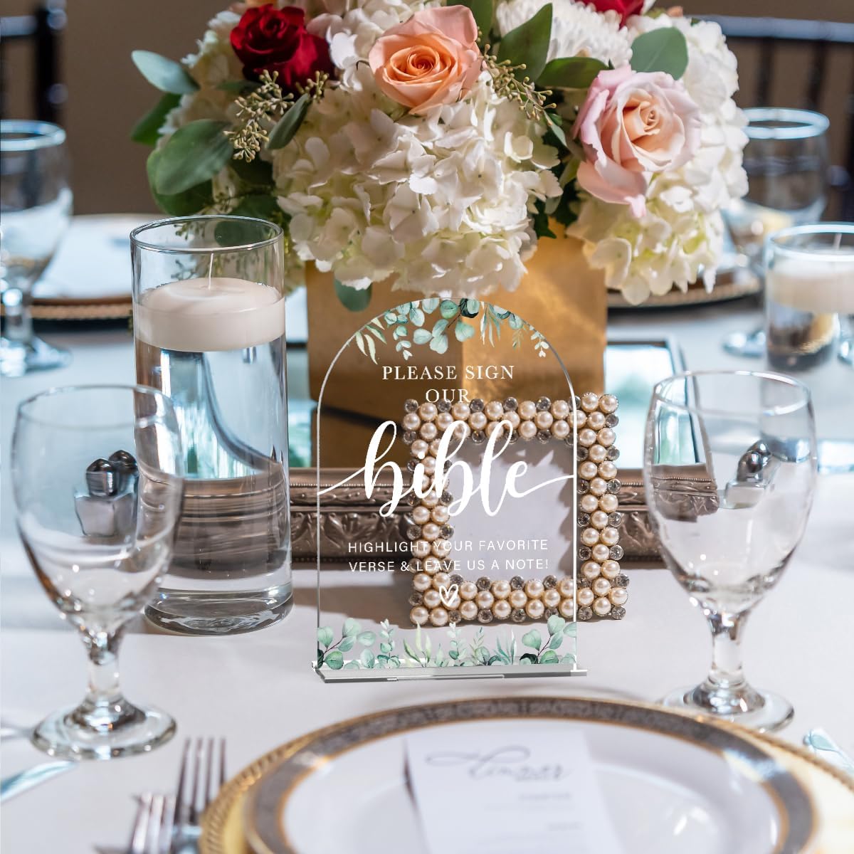 Acrylic Wedding Sign Please Sign Our Bible Signs for Ceremony Modern Calligraphy Arch Acrylic Table Top Signs for Wedding Reception and Event Party Table Decor (Eucalyptus Leaves)