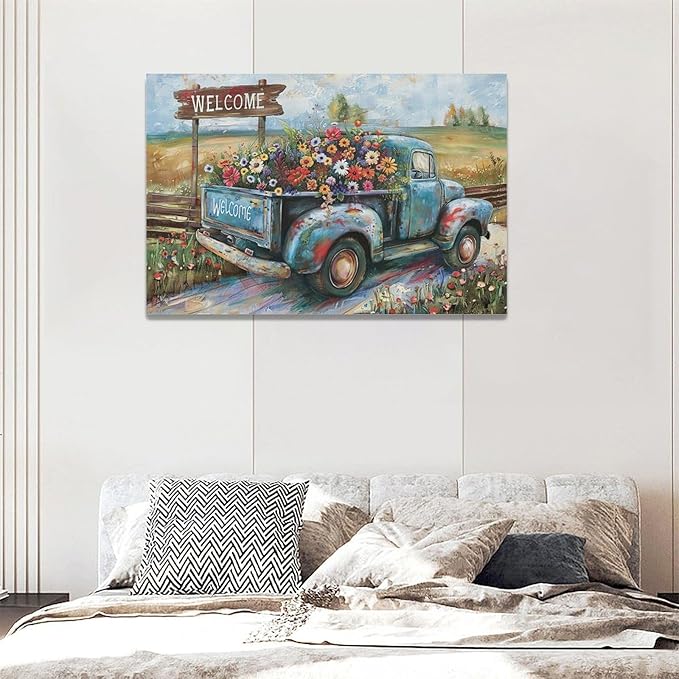 Farmhouse Truck Wall Art Rustic Country Wildflowers Wall Decor Road Flowers Landscape Pictures Canvas Print Painting Artwork for Bathroom Living Room Bedroom 16"x24"-PawvioPets