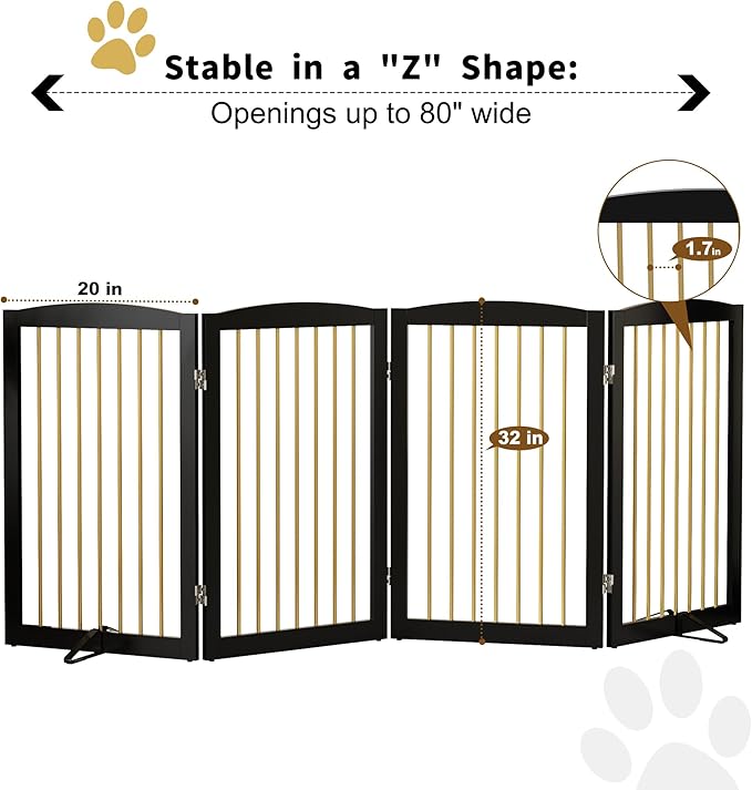 Freestanding Pet Gate for Dogs, Indoor Wooden Dog Gate for House, Foldable Dog Gate for Doorway, Stair, Step Over Pet Puppy Safety Fence Tall, 80 Inch Wide, 4 Panels 32", Black & Gold-PawvioPets