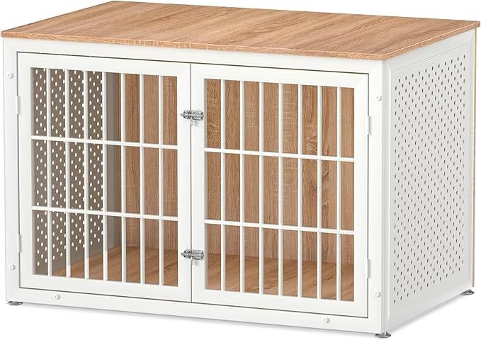 48" Heavy Duty Dog Crate Furniture for Large Dogs, Metal Kennel for High Anxiety Dogs, White Wooden Cage Furniture Indoor, Decorative Dog Kennel End Table, XL-PawvioPets