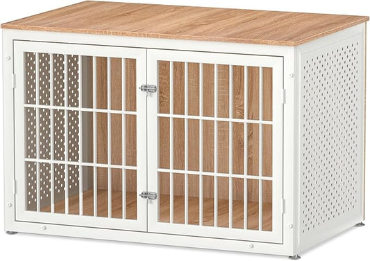48" Heavy Duty Dog Crate Furniture for Large Dogs, Metal Kennel for High Anxiety Dogs, White Wooden Cage Furniture Indoor, Decorative Dog Kennel End Table, XL-PawvioPets
