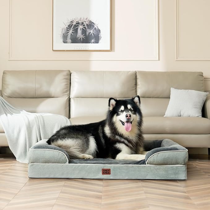 EHEYCIGA Orthopedic XL Dog Beds, Waterproof Memory Foam Dog Bed for Extra Large Dogs, Non-Slip Bottom and Egg-Crate Foam Big Pet Couch Bed with Washable Removable Cover, Greyish Green-PawvioPets