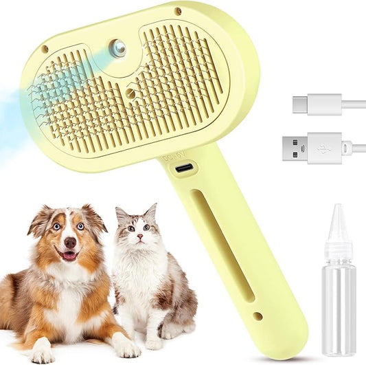 3 in 1 Cat Steam Brush, Pet Spray Hair Removal Comb for Shedding & Grooming, Water Brush for Cats Dogs Small Animals Long Short Haired with One-Click Release Button(Yellow)-PawvioPets