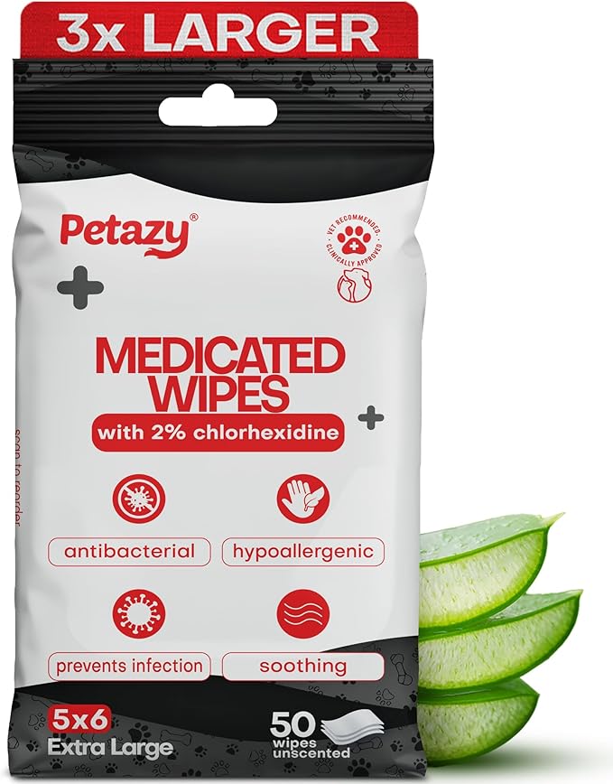 2% Chlorhexidine Wipes for Dogs 3X Larger | Yeast Infection Ringworm Fungus Hot Spot Itch Relief | Medicated Antibacterial Antifungal Extra Gentle Soothing Topical Wipes for Dog Cat | 50 Wipes-PawvioPets