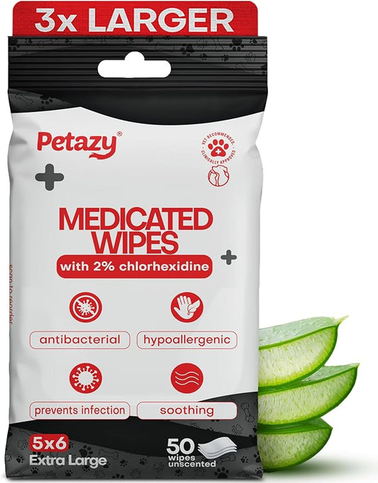 2% Chlorhexidine Wipes for Dogs 3X Larger | Yeast Infection Ringworm Fungus Hot Spot Itch Relief | Medicated Antibacterial Antifungal Extra Gentle Soothing Topical Wipes for Dog Cat | 50 Wipes-PawvioPets