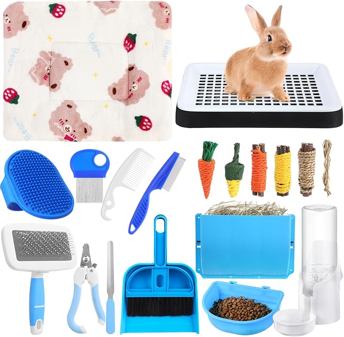 19 Pcs Rabbit Starter Kit Small Bunny Litter Box Rabbit Grooming Kit Water Bottle Bunny Toys Hay Feeder Bowl Blankets with Cleaning Set for Guinea Pig Accessories(Black,Cloud)-PawvioPets
