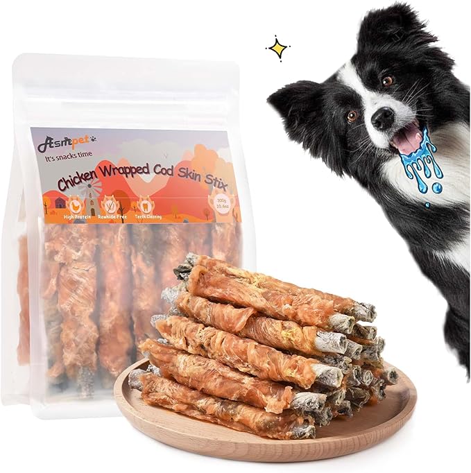 ASMPET Dog Treats Chews, Chicken Wrapped Cod Skin Sticks, Rawhide Free Cod Skin Treats for Dogs, 10.6 oz-PawvioPets
